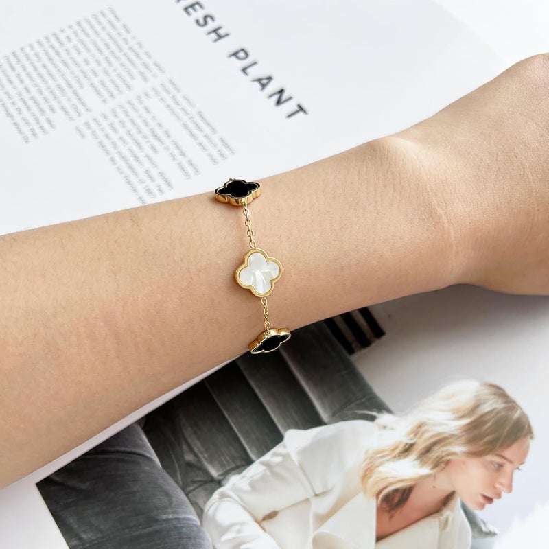AIPPK 18K Gold Plated Clover Lucky Bracelet for Women White/Black/Red/Green Flower Four Leaf Link Bracelets Trendy Jewelry Gifts for Women - Image 4